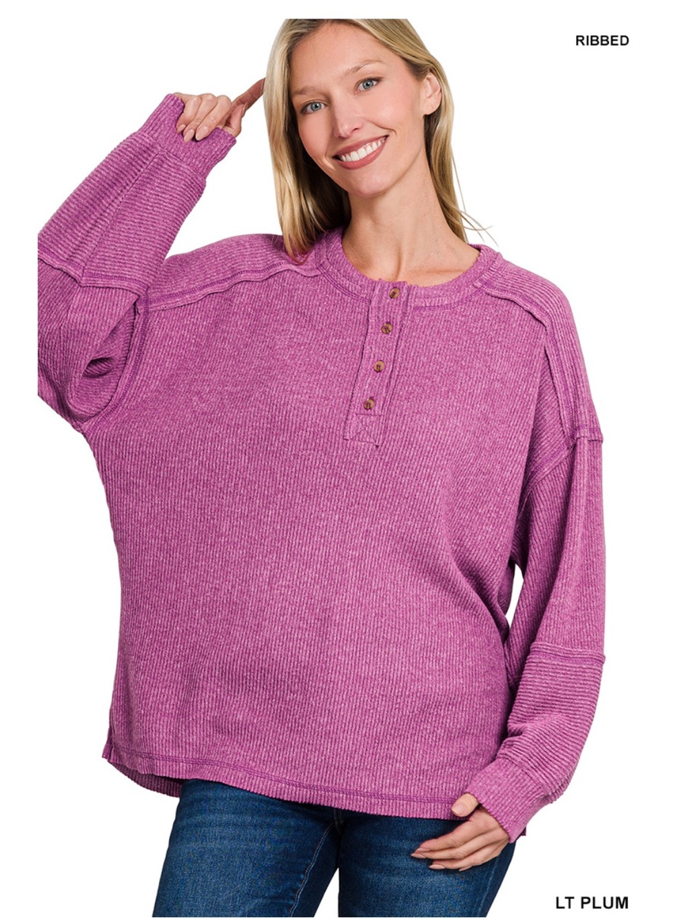 105 ❤️ plum Zenana RIBBED BRUSHED HACCI
MELANGE HENLEY SWEATER
